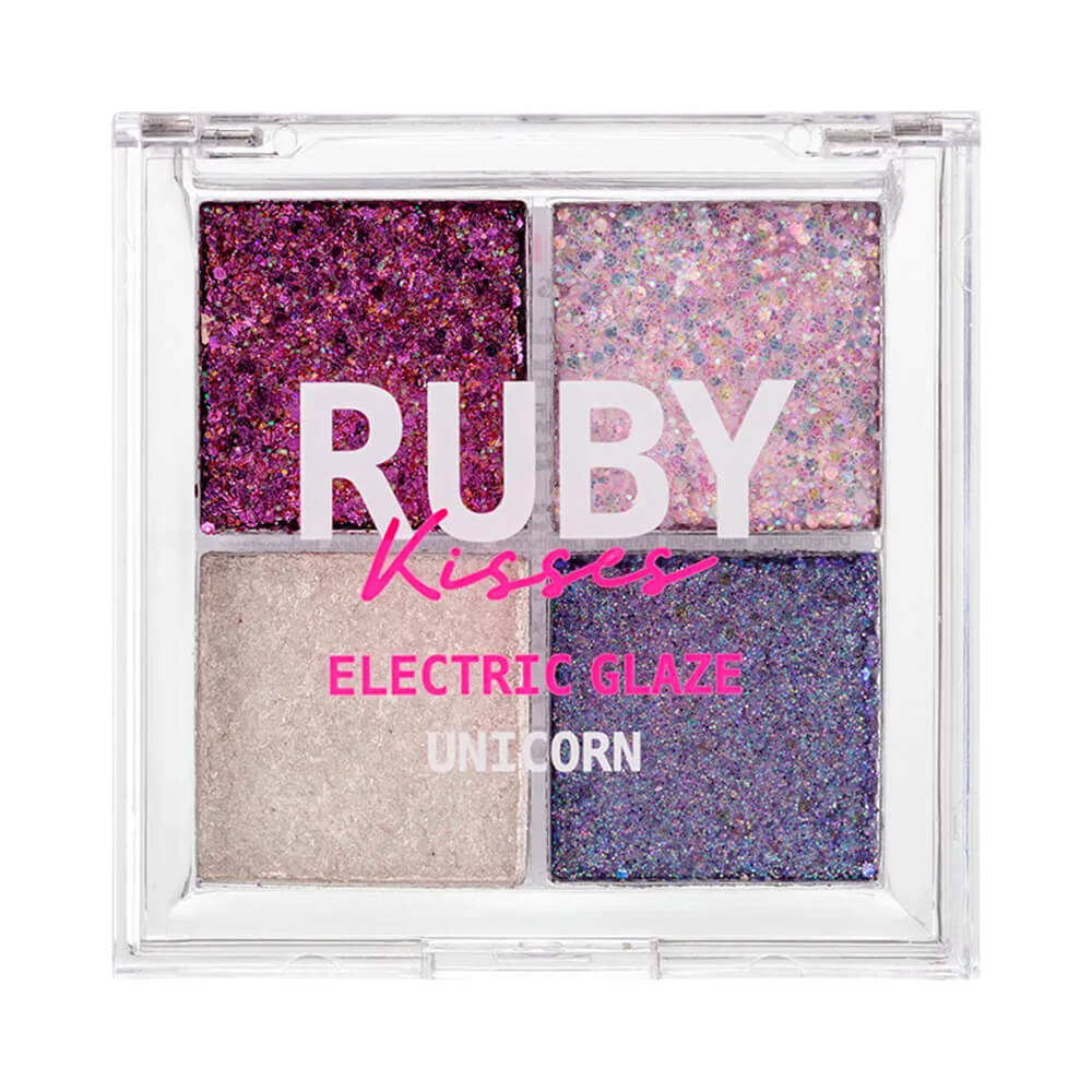 Paleta de sombras Ruby Kisses Electric Glaze Unicorn com cores glitterizadas roxo, lilás, branco perolado e azul